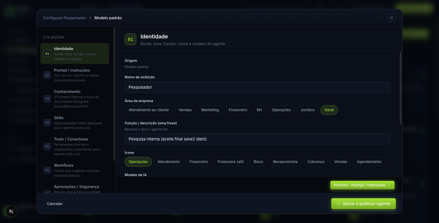 Configuração de agente em 8 seções: prompt, conhecimento, skills, tools e workflows